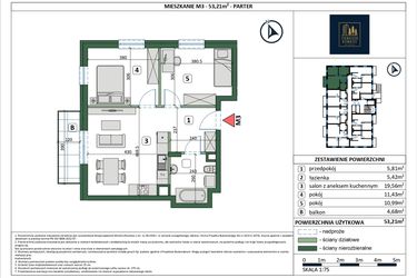 Rzut - Mieszkanie na sprzedaż 3 pokoje o powierzchni 53,21 m² - numer 3 w Osiedle przy Sportowej etap III
