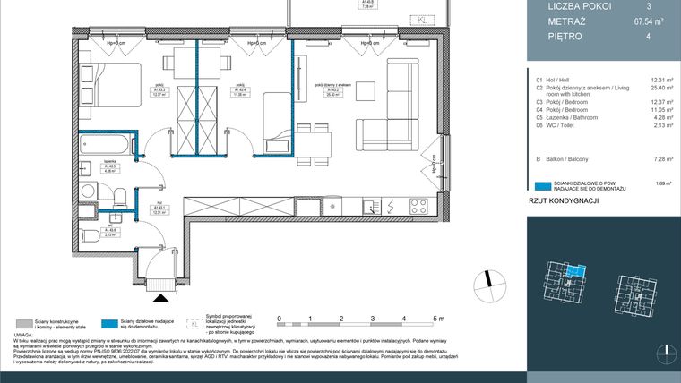 Rzut - Mieszkanie na sprzedaż 3 pokoje o powierzchni 67,5 m² - numer 43 w Nordic Górka Narodowa