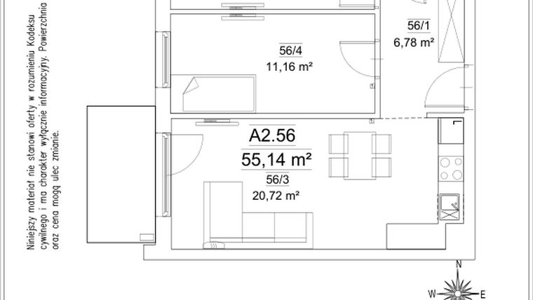 Rzut - Mieszkanie na sprzedaż 3 pokoje o powierzchni 55,14 m² - numer 5B/56 w FORTnatura etap II