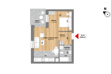 Rzut - Mieszkanie na sprzedaż 1 pokój o powierzchni 40,69 m² - numer M19 w Przy Kochanowskiego