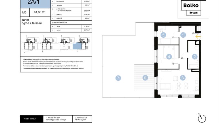 Rzut - Mieszkanie na sprzedaż 3 pokoje o powierzchni 61,88 m² - numer 2A/1 w Osiedle Bolko etap II