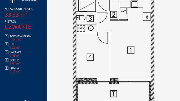 Rzut - Mieszkanie na sprzedaż 2 pokoje o powierzchni 33,33 m² - numer B2.M.4.6 w Tarasy Sobieskiego