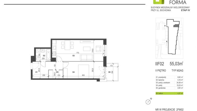 Rzut - Mieszkanie na sprzedaż 2 pokoje o powierzchni 55,03 m² - numer II/F/02 w Osiedle Dobra Forma etap IV