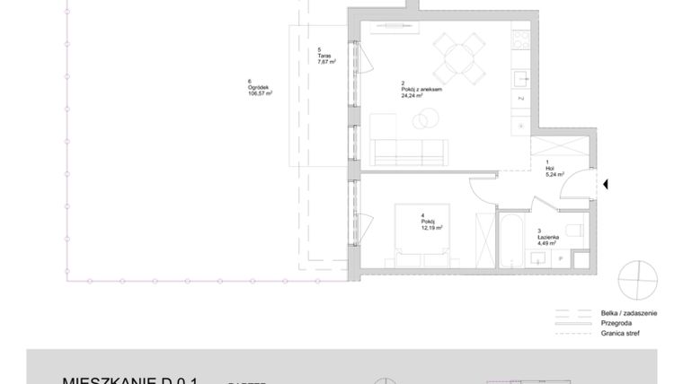Rzut - Mieszkanie na sprzedaż 2 pokoje o powierzchni 46,16 m² - numer D.0.1 w ATAL Parkowa