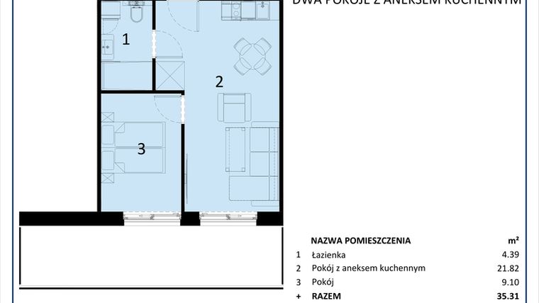 Rzut - Mieszkanie na sprzedaż 2 pokoje o powierzchni 35,31 m² - numer C.106 w Perłowa Przystań - Sianożęty - etap III