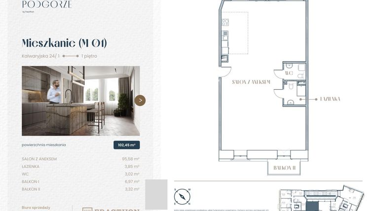 Rzut - Mieszkanie na sprzedaż 1 pokój o powierzchni 102,45 m² - numer M.1 w Stare Podgórze