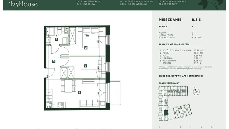 Rzut - Mieszkanie na sprzedaż 3 pokoje o powierzchni 43,43 m² - numer B.3.6 w IVY HOUSE