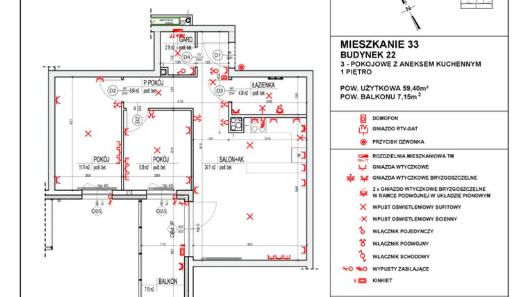 Rzut - Mieszkanie na sprzedaż 3 pokoje o powierzchni 59,4 m² - numer 22_33 w Osiedle 4 Pory Roku - Etap VIII