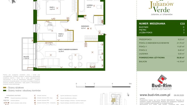Rzut - Mieszkanie na sprzedaż 3 pokoje o powierzchni 56,5 m² - numer 33 w Julianów Verde