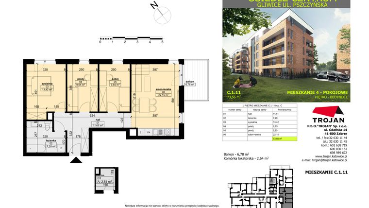 Rzut - Mieszkanie na sprzedaż 4 pokoje o powierzchni 72,25 m² - numer C.1.11 w Osiedle Centrum