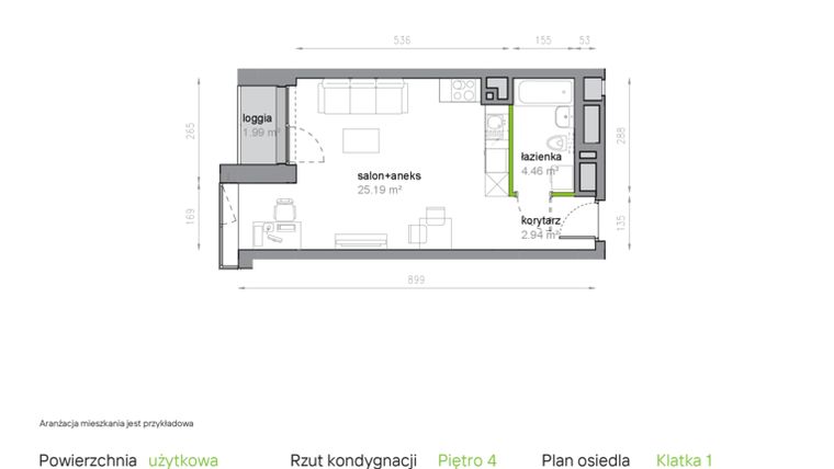 Rzut - Mieszkanie na sprzedaż 1 pokój o powierzchni 32,59 m² - numer K1/4/30 w Piękna Vita