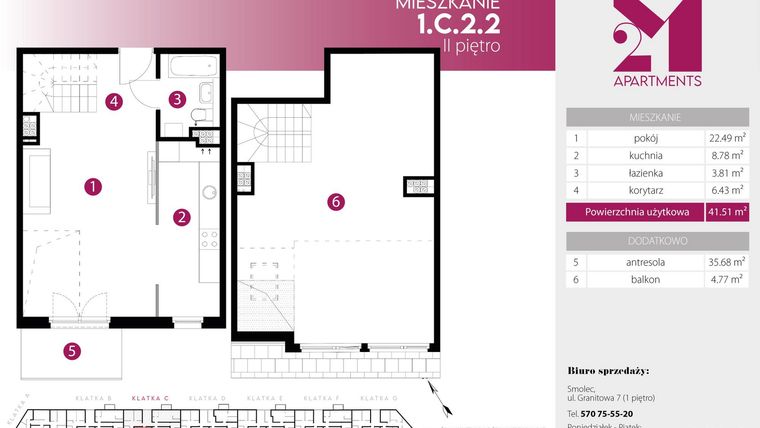 Rzut - Mieszkanie na sprzedaż 2 pokoje o powierzchni 77,19 m² - numer 1.C.2.2 w 2M Apartments etap IV