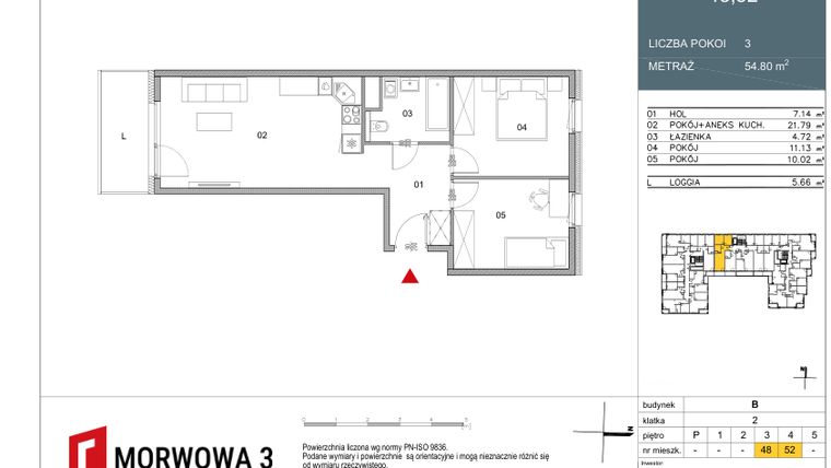 Rzut - Mieszkanie na sprzedaż 3 pokoje o powierzchni 54,8 m² - numer 52 w Morwowa 3