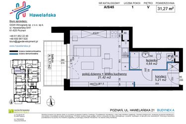 Rzut - Mieszkanie na sprzedaż 1 pokój o powierzchni 31,49 m² - numer A/5/45 w Osiedle Hawelańska etap III - bud. A