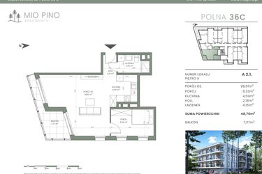 Rzut - Mieszkanie na sprzedaż 3 pokoje o powierzchni 48,95 m² - numer 2.1 w Mio Pino