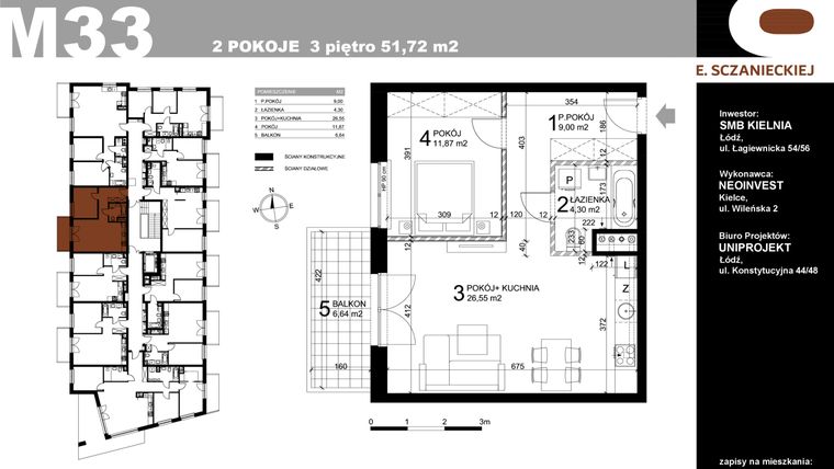 Rzut - Mieszkanie na sprzedaż 2 pokoje o powierzchni 51,72 m² - numer M33 w Sczanieckiej 8