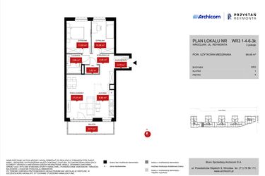 Rzut - Mieszkanie na sprzedaż 3 pokoje o powierzchni 64,48 m² - numer WR3 1/4/6/3k w Przystań Reymonta etap II