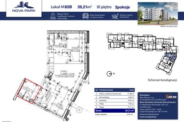 Rzut - Mieszkanie na sprzedaż 3 pokoje o powierzchni 39,24 m² - numer 85B w Nova Park etap II