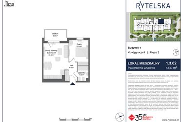 Rzut - Mieszkanie na sprzedaż 2 pokoje o powierzchni 43,57 m² - numer 1.3.02 w Rytelska