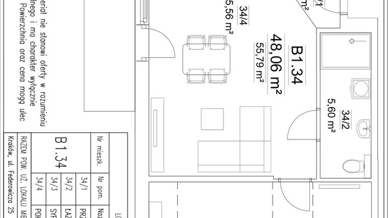 Rzut - Mieszkanie na sprzedaż 2 pokoje o powierzchni 48,06 m² - numer B1.34 w Osiedle Versus