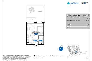 Rzut - Mieszkanie na sprzedaż 1 pokój o powierzchni 34,32 m² - numer B23 200 w Flow - bud. B2 A i bud. B2 B