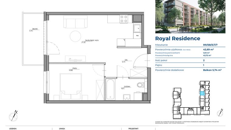 Rzut - Mieszkanie na sprzedaż 2 pokoje o powierzchni 42,8 m² - numer RR/6B/E/1/7 w Royal Residence 6B