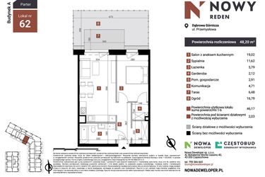 Rzut - Mieszkanie na sprzedaż 2 pokoje o powierzchni 48,2 m² - numer A62 w Nowy Reden