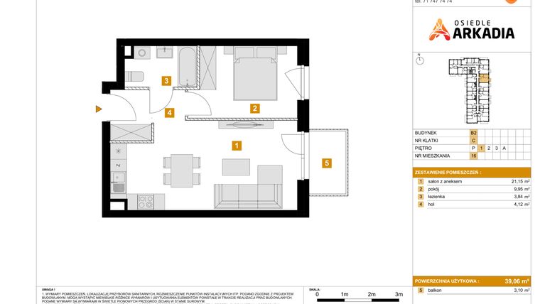 Rzut - Mieszkanie na sprzedaż 2 pokoje o powierzchni 39,06 m² - numer 16 w Osiedle Arkadia