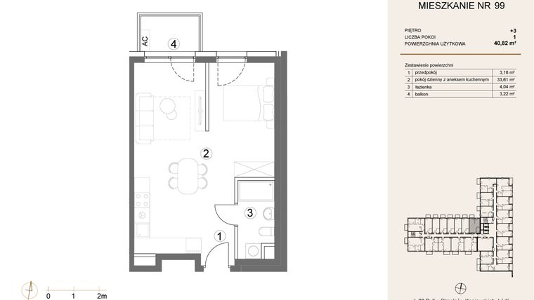 Rzut - Mieszkanie na sprzedaż 1 pokój o powierzchni 40,82 m² - numer 99 w Waterlane Vibe