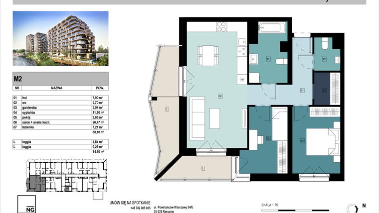 Rzut - Mieszkanie na sprzedaż 3 pokoje o powierzchni 68,14 m² - numer D2 w Panorama Kwiatkowskiego