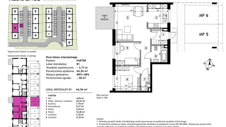 Rzut - Mieszkanie na sprzedaż 3 pokoje o powierzchni 64,56 m² - numer B1 w Złotno Residence