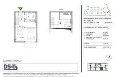 Rzut - Mieszkanie na sprzedaż 1 pokój o powierzchni 44,73 m² - numer B.3.33 w Ogrody Centrum 2