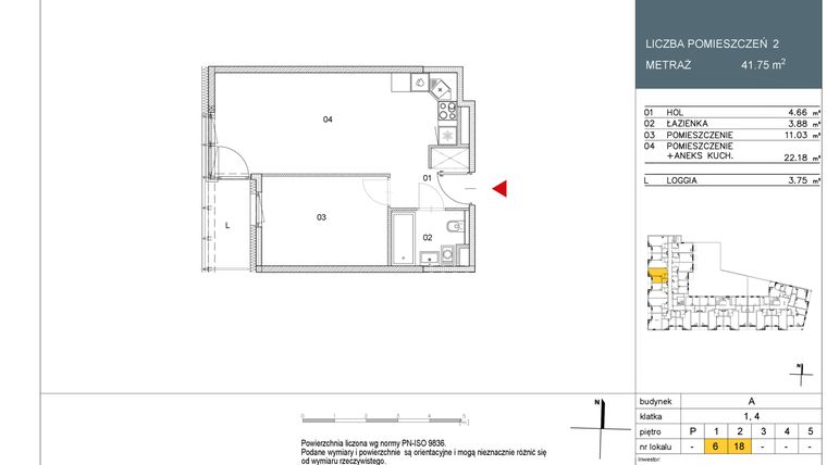 Rzut - Mieszkanie na sprzedaż 2 pokoje o powierzchni 41,75 m² - numer L6 w Morwowa 5 - Apartamenty inwestycyjne