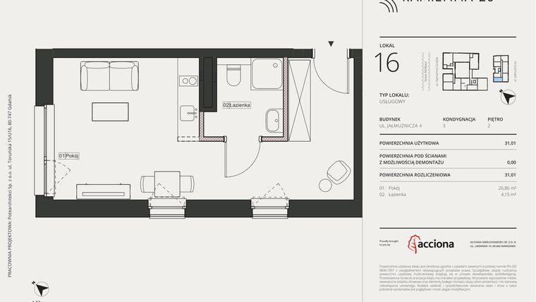 Rzut - Mieszkanie na sprzedaż 1 pokój o powierzchni 31,01 m² - numer 4.16 w Kamienna 28 - apartamenty inwestycyjne