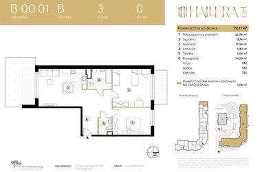Rzut - Mieszkanie na sprzedaż 3 pokoje o powierzchni 77,71 m² - numer B.00.01 w Hallera 140