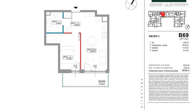 Rzut - Mieszkanie na sprzedaż 2 pokoje o powierzchni 38,64 m² - numer B069 w Grunwald Między Drzewami etap II
