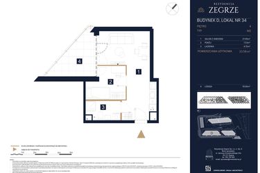 Rzut - Mieszkanie na sprzedaż 1 pokój o powierzchni 33,58 m² - numer D34 w Rezydencja Zegrze etap III