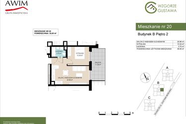 Rzut - Mieszkanie na sprzedaż 2 pokoje o powierzchni 35,05 m² - numer B20 w Wzgórze Gustawa