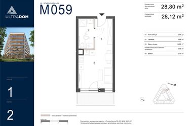 Rzut - Mieszkanie na sprzedaż 1 pokój o powierzchni 28,8 m² - numer M059 w Ultradom