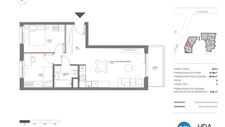 Rzut - Mieszkanie na sprzedaż 3 pokoje o powierzchni 58,9 m² - numer M.5.3 w Łopuszańska 47 - etap 4