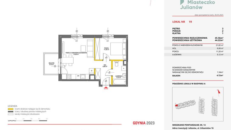 Rzut - Mieszkanie na sprzedaż 2 pokoje o powierzchni 45,56 m² - numer 19 w Miasteczko Julianów