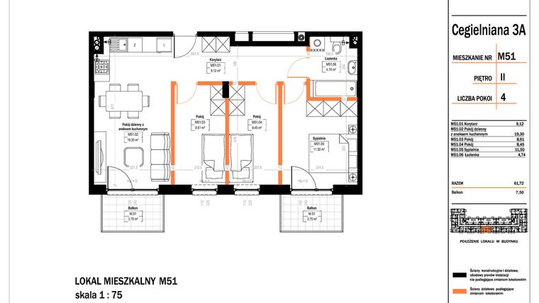Rzut - Mieszkanie na sprzedaż 4 pokoje o powierzchni 61,72 m² - numer 51 w Osiedle StaLove etap II