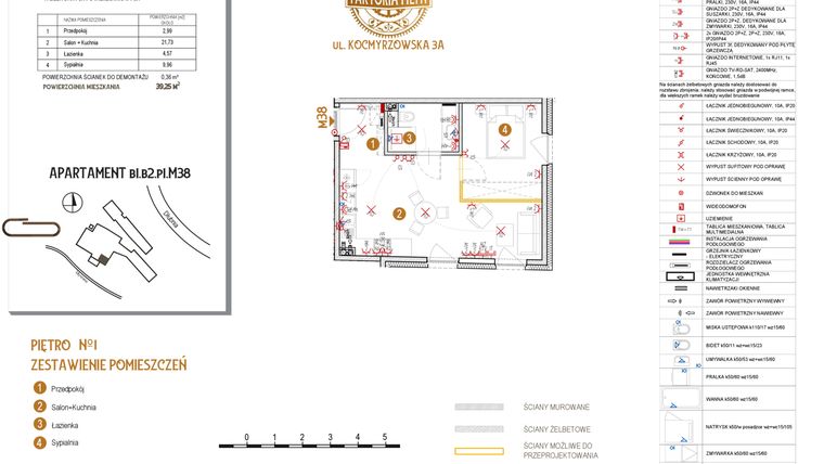 Rzut - Mieszkanie na sprzedaż 2 pokoje o powierzchni 39,25 m² - numer B1.B2.P1.M38 w Faktoria Młyn