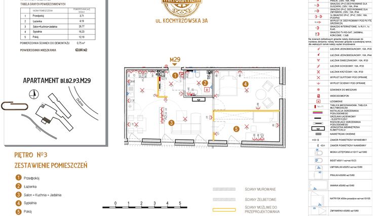 Rzut - Mieszkanie na sprzedaż 3 pokoje o powierzchni 63,84 m² - numer B1.B2.P3.M29 w Faktoria Młyn