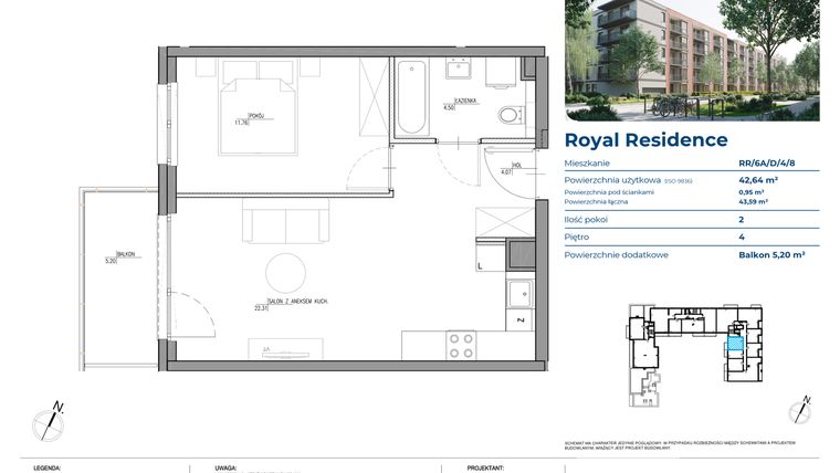 Rzut - Mieszkanie na sprzedaż 2 pokoje o powierzchni 42,64 m² - numer RR/6A/D/4/8 w Royal Residence 6A