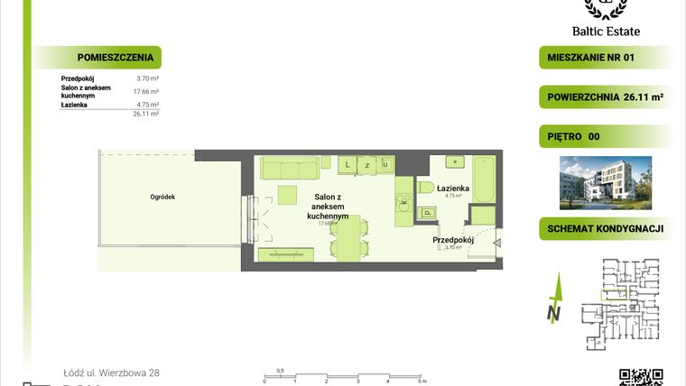 Rzut - Mieszkanie na sprzedaż 1 pokój o powierzchni 26,11 m² - numer 00.M.01 w Dom Architekta