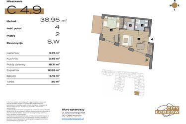 Rzut - Mieszkanie na sprzedaż 2 pokoje o powierzchni 39,19 m² - numer C 4.9 w City Łobzów