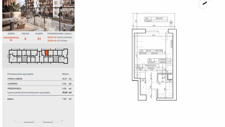 Rzut - Mieszkanie na sprzedaż 1 pokój o powierzchni 25 m² - numer B51 w Symfonia - Chodkiewicza 9