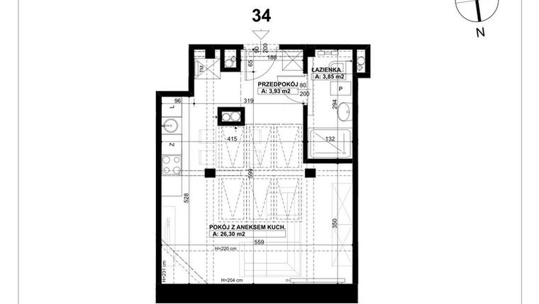 Rzut - Mieszkanie na sprzedaż 1 pokój o powierzchni 34,08 m² - numer 34 w Święty Marcin 65