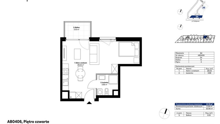 Rzut - Mieszkanie na sprzedaż 1 pokój o powierzchni 31,72 m² - numer AB0406 w NU2 Warszawa Wola
